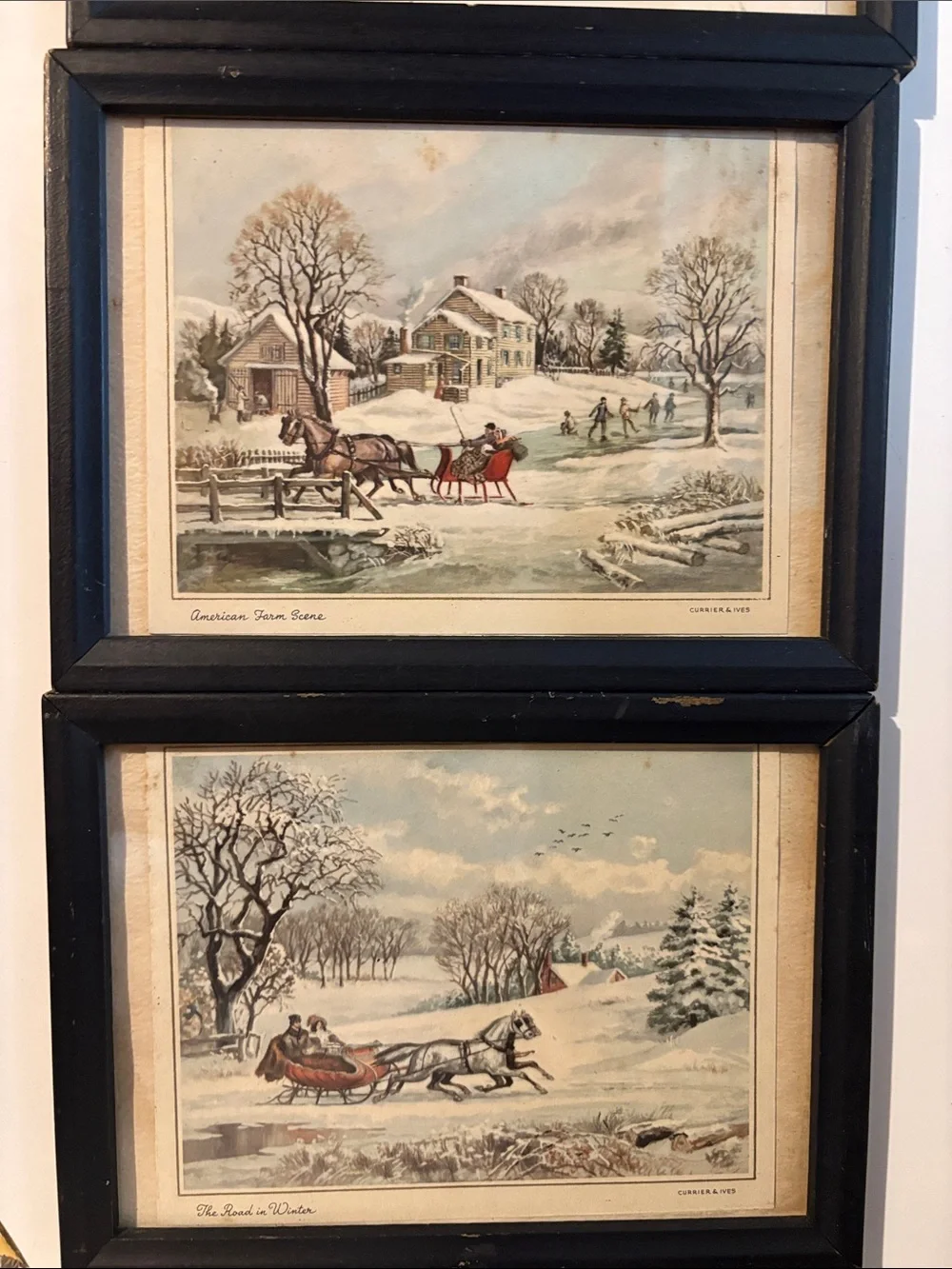 Set of 3 Currier & Ives Framed Winter Scene Wall Art - Black 5x7 Wood Frames